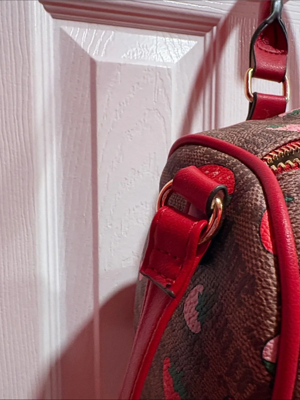 BNWT JUICY COUTURE Brown Logo Satchel with Red Strawberry Print